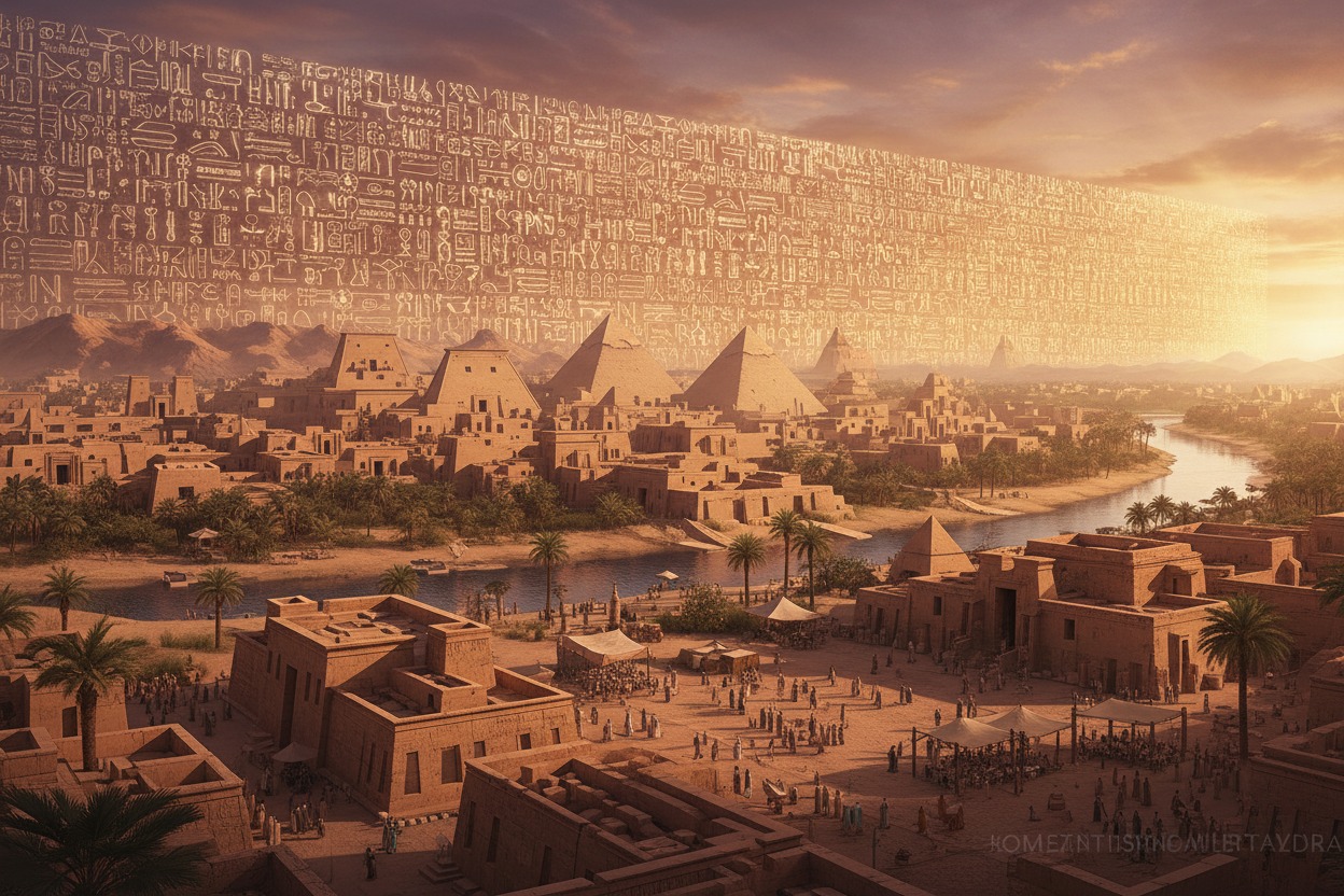 Futuristická egyptská krajina s obrovským múrom popísaným hieroglifmi, ktorá sa týči nad mestom s pyramídami a riekou pri západe slnka.